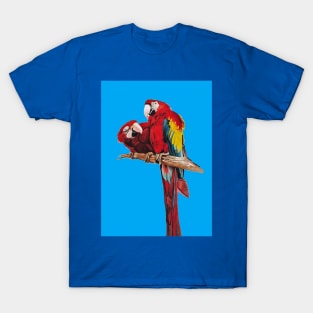 Red Macaw Parrot Watercolor Painting on Blue T-Shirt